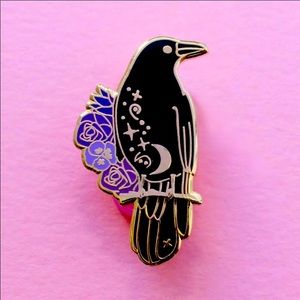 Black Raven with Floral Details Enamel Pin